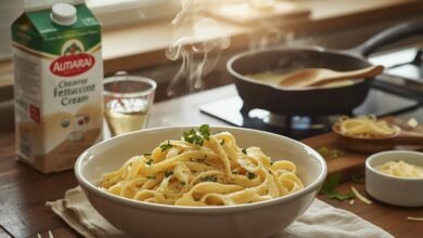 كريمة طبخ أنواعها المختلفة في أوعية، بما فيها الكريمة العادية واللايت والنباتية، مع لمسة مطبخية توضح استخداماتها