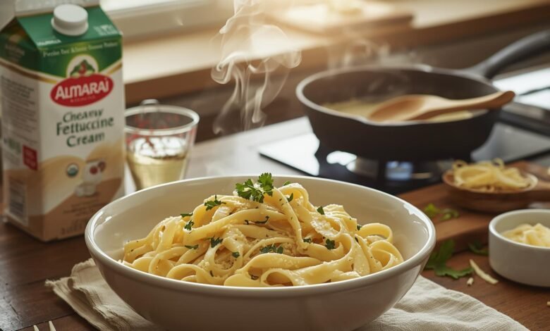 كريمة طبخ أنواعها المختلفة في أوعية، بما فيها الكريمة العادية واللايت والنباتية، مع لمسة مطبخية توضح استخداماتها