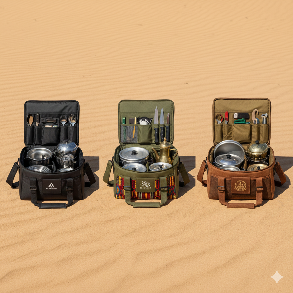 مقارنة جانبية بين ثلاث عزبات طبخ فاخرة من السنيدي والرميح وتراثيات البادية، كل واحدة بتصميمها المميز على خلفية رملية.