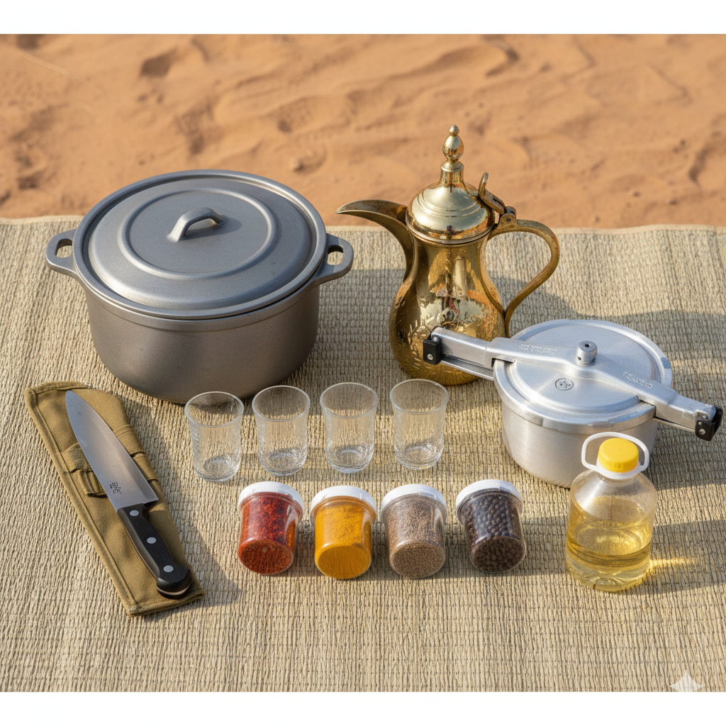 عرض علوي لمكونات عزبة طبخ أساسية مرتبة على قماش تنزاني، تشمل قدر ألومنيوم، دلة نحاس، بيالات شاي، سكينة، وعلب بهارات